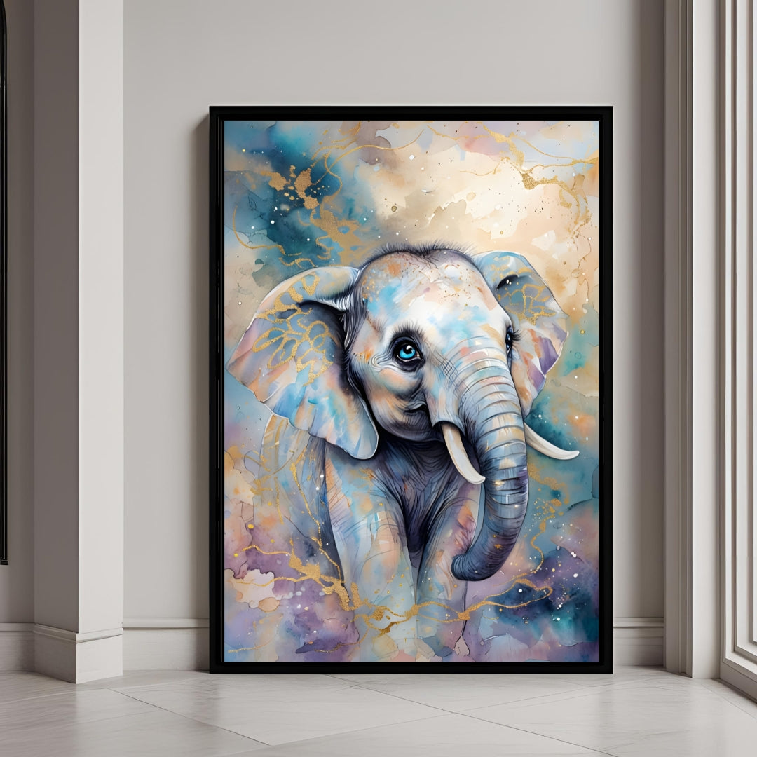 Watercolor painting of a baby elephant head with blue and purple splashes.


