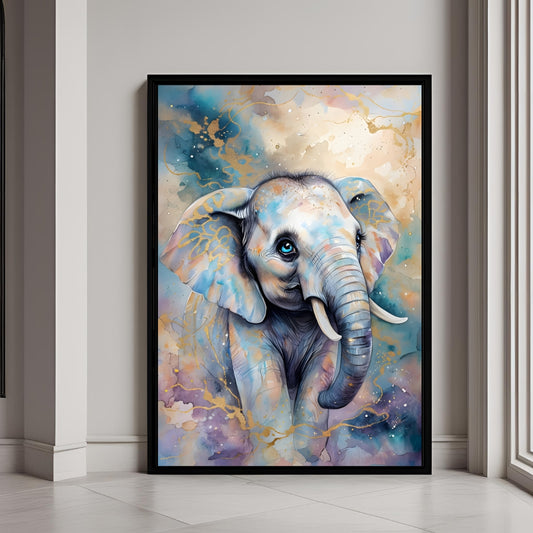 Watercolor painting of a baby elephant head with blue and purple splashes.


