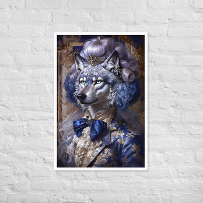 A wide shot of the framed art showcasing the wolf's unique and whimsical charm, an ideal piece for any eclectic-themed wall.