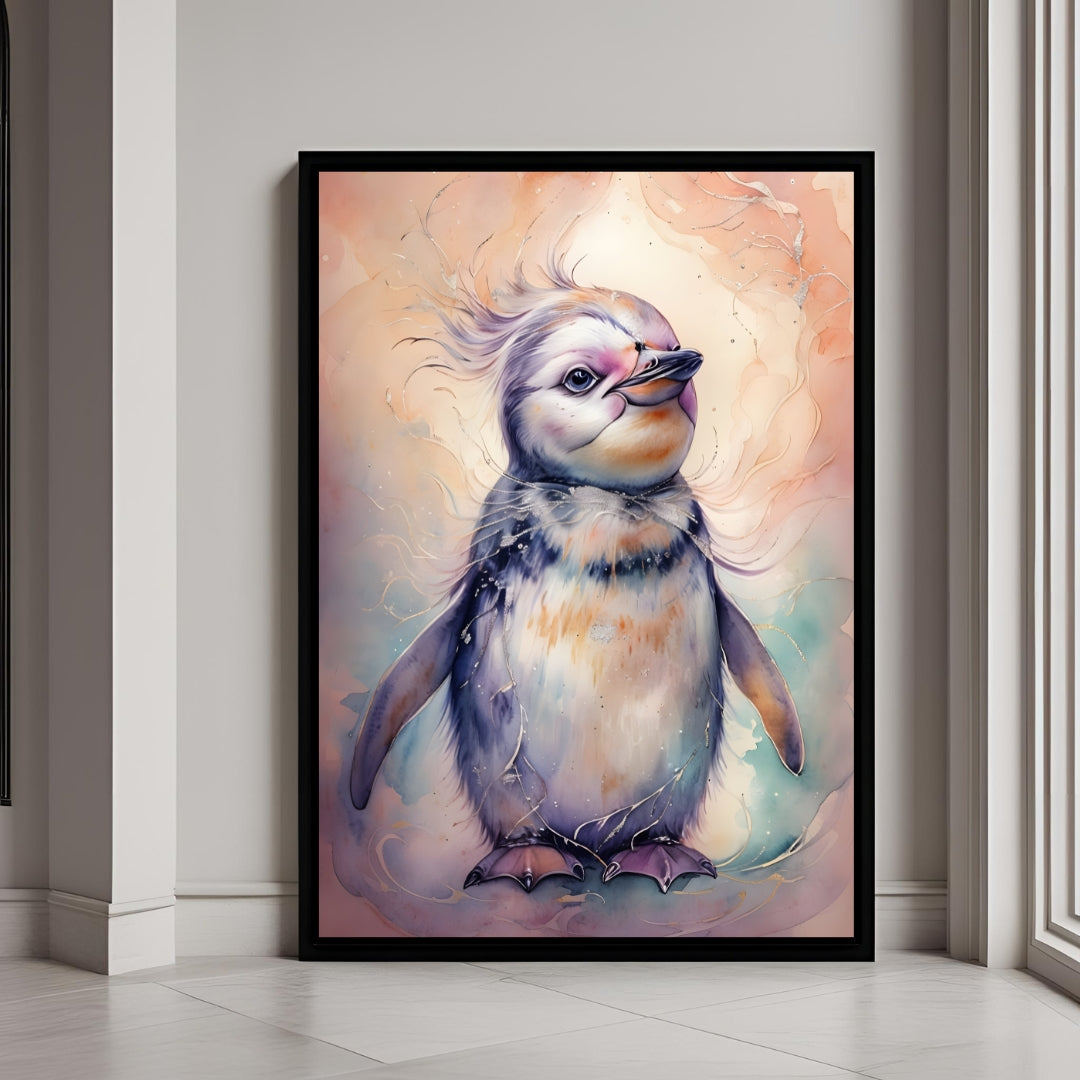 A beautiful framed art print of a whimsical baby penguin in soft watercolor pastels.