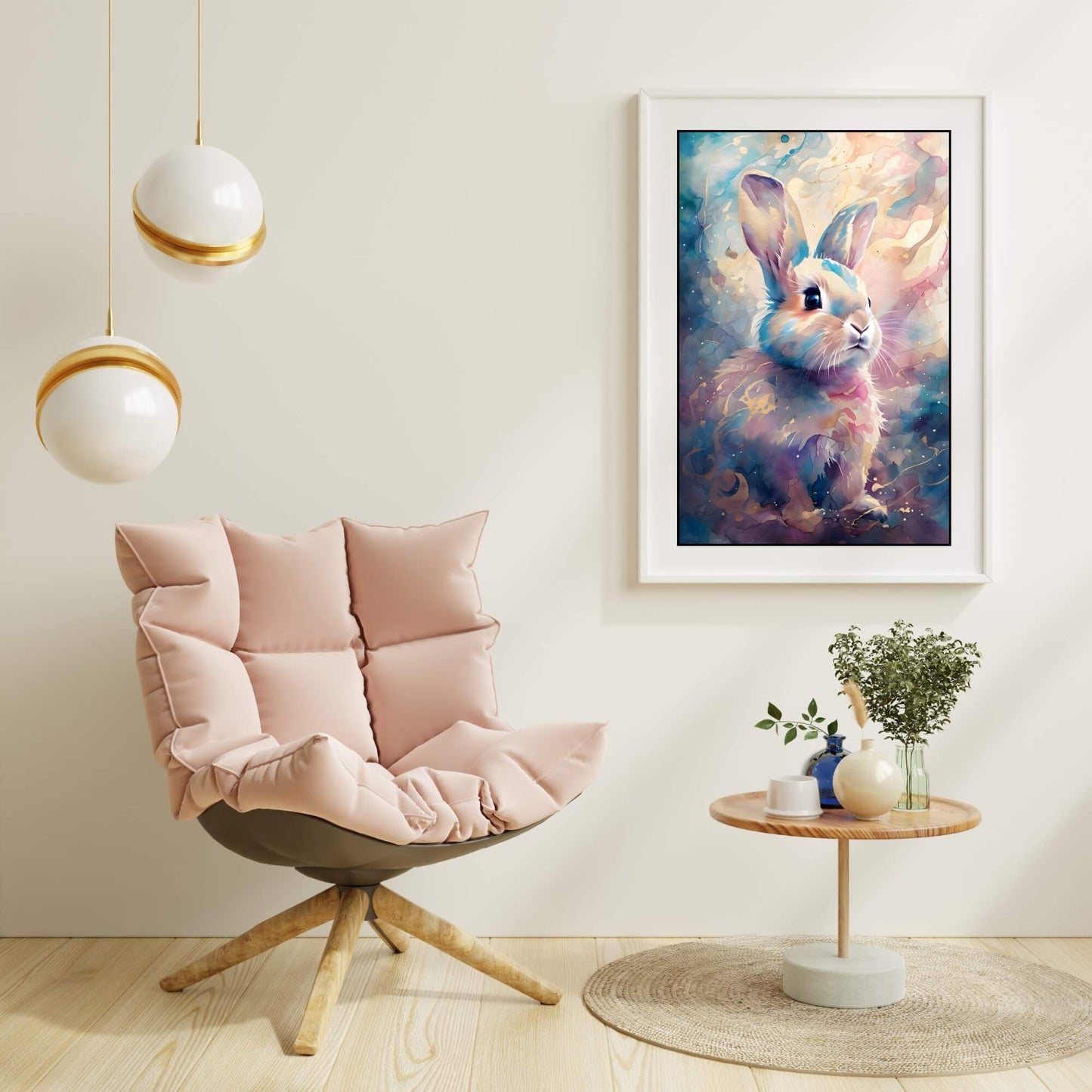 A full-view shot of the framed print, showing the whimsical style of the watercolor rabbit.