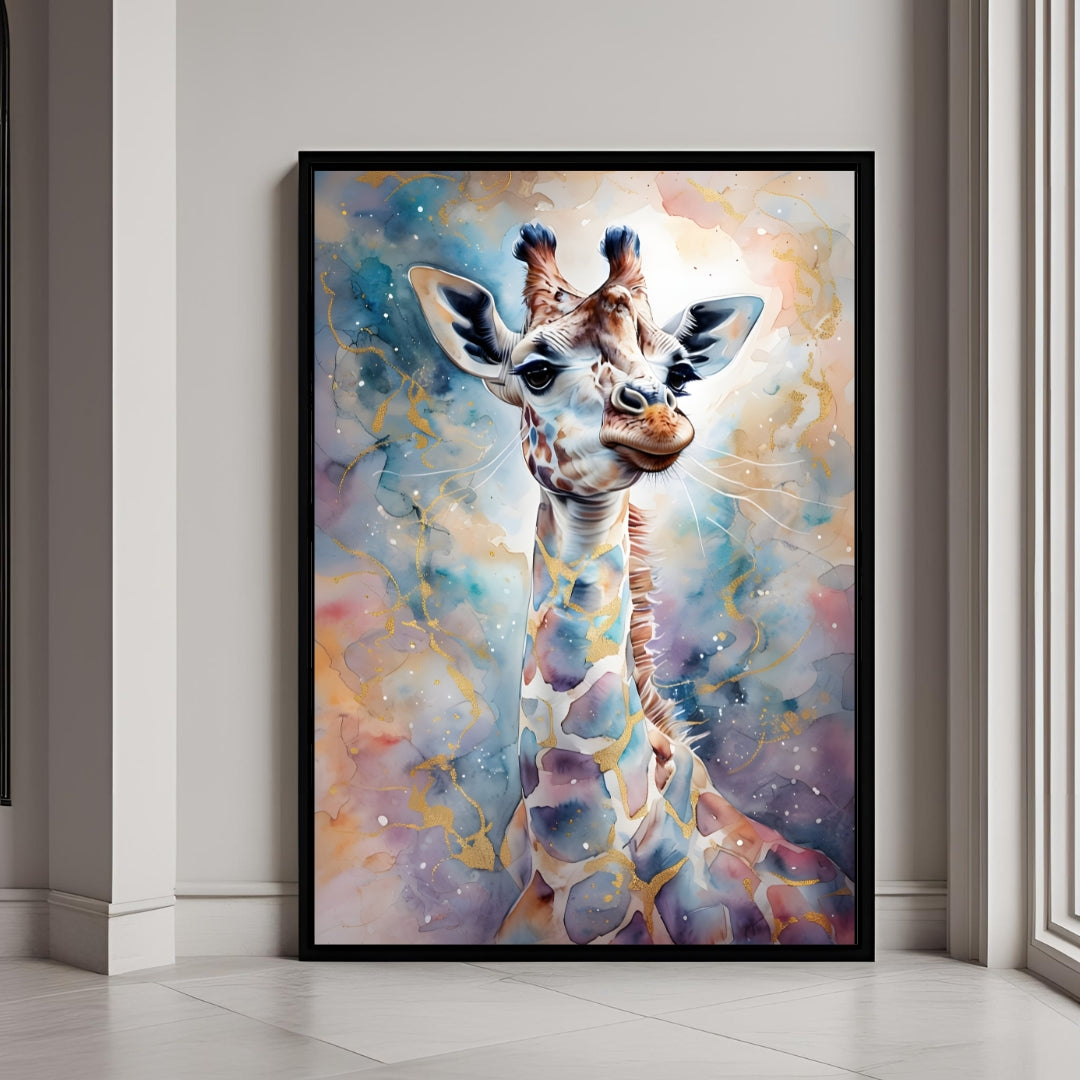A framed print of a whimsical watercolor giraffe with soft pastel hues and a magical glow.