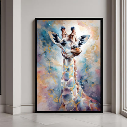 A framed print of a whimsical watercolor giraffe with soft pastel hues and a magical glow.