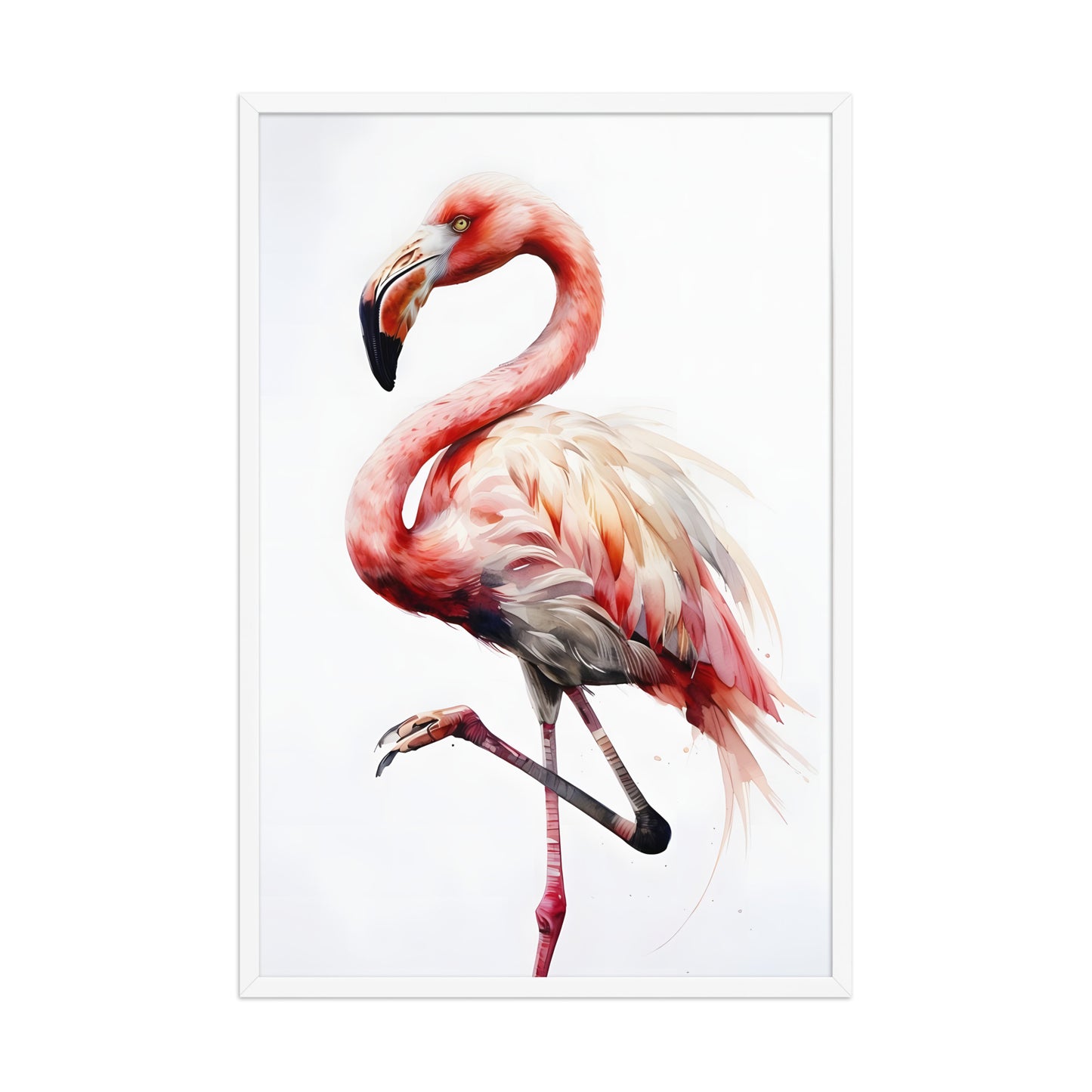 A full view of the framed print, showing the flamingo against the clean white background.