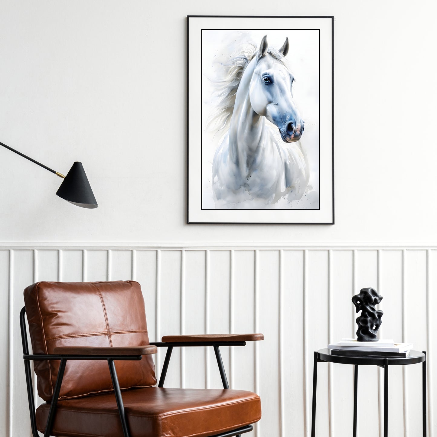 A stunning piece of wall decor featuring a watercolor painting of a majestic white horse, perfect for adding elegance to any room.

