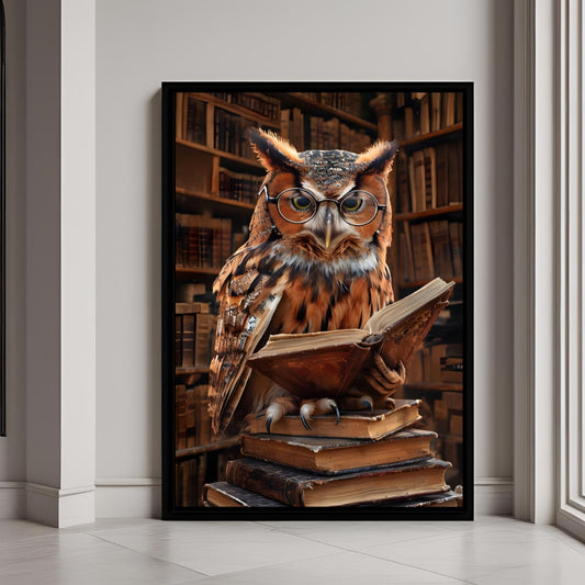 A beautiful framed art print featuring a wise owl wearing glasses and reading a book in a library.