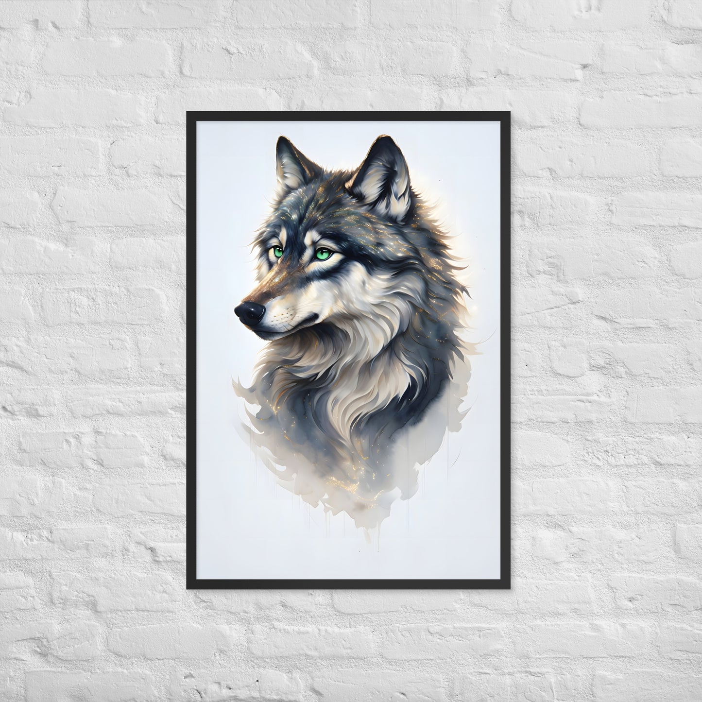 An angled view of the framed watercolor wolf print, highlighting its unique style and making it an ideal gift for wolf lovers.