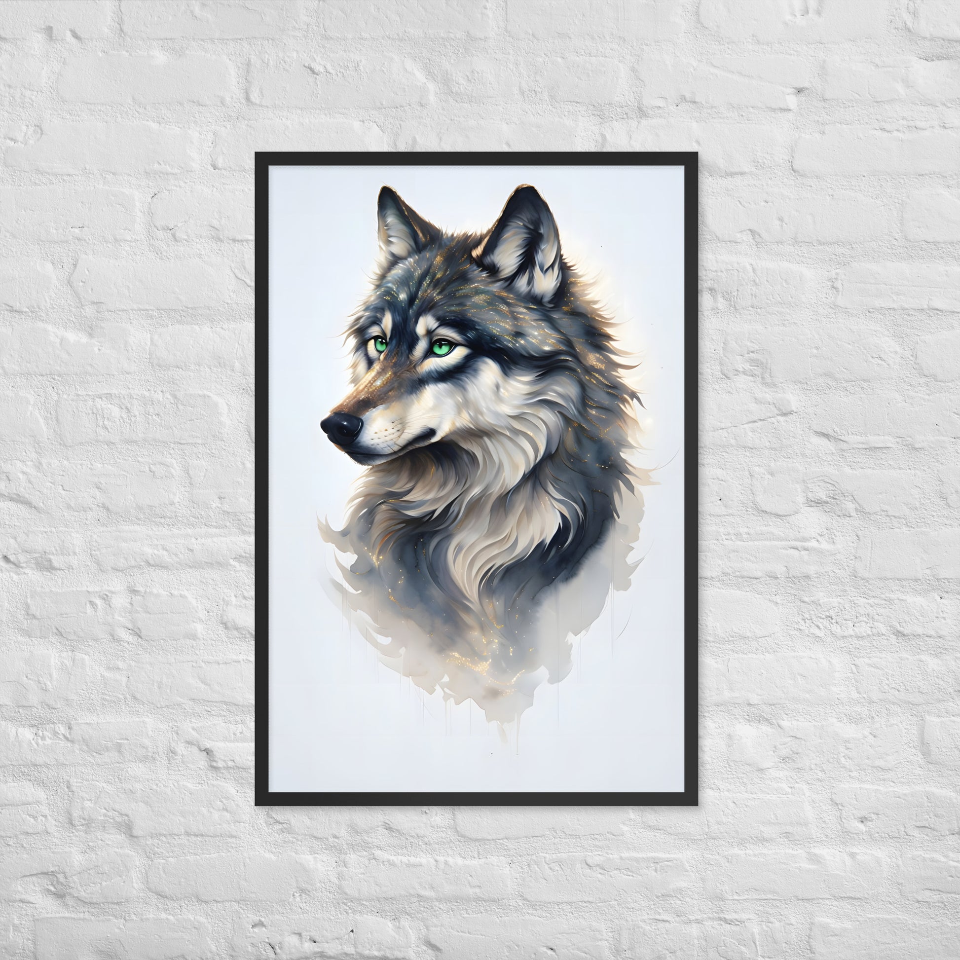 An angled view of the framed watercolor wolf print, highlighting its unique style and making it an ideal gift for wolf lovers.