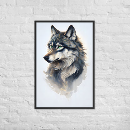 An angled view of the framed watercolor wolf print, highlighting its unique style and making it an ideal gift for wolf lovers.