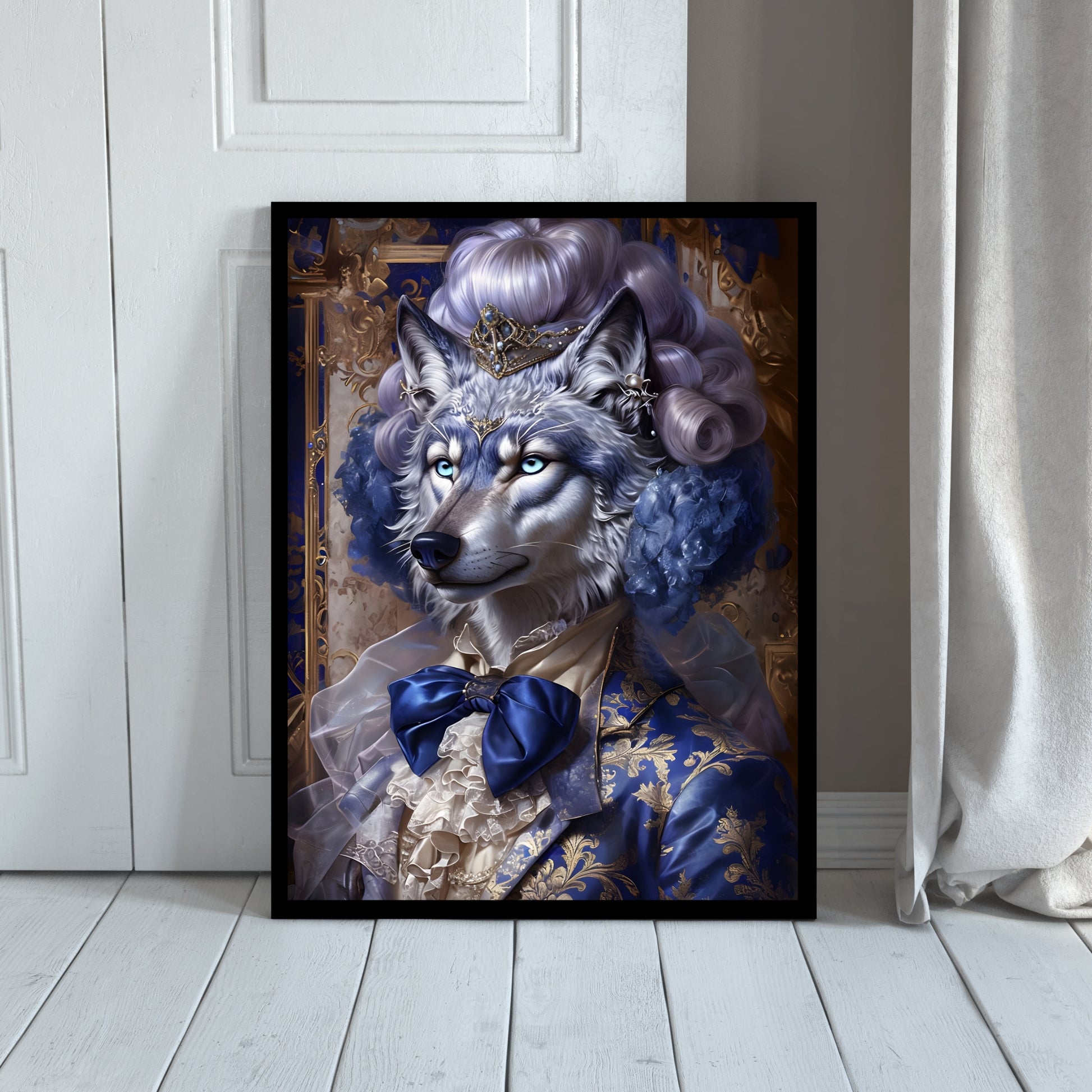 A close-up shot of the wolf's face, showing its piercing blue eyes and the details of its aristocratic outfit.